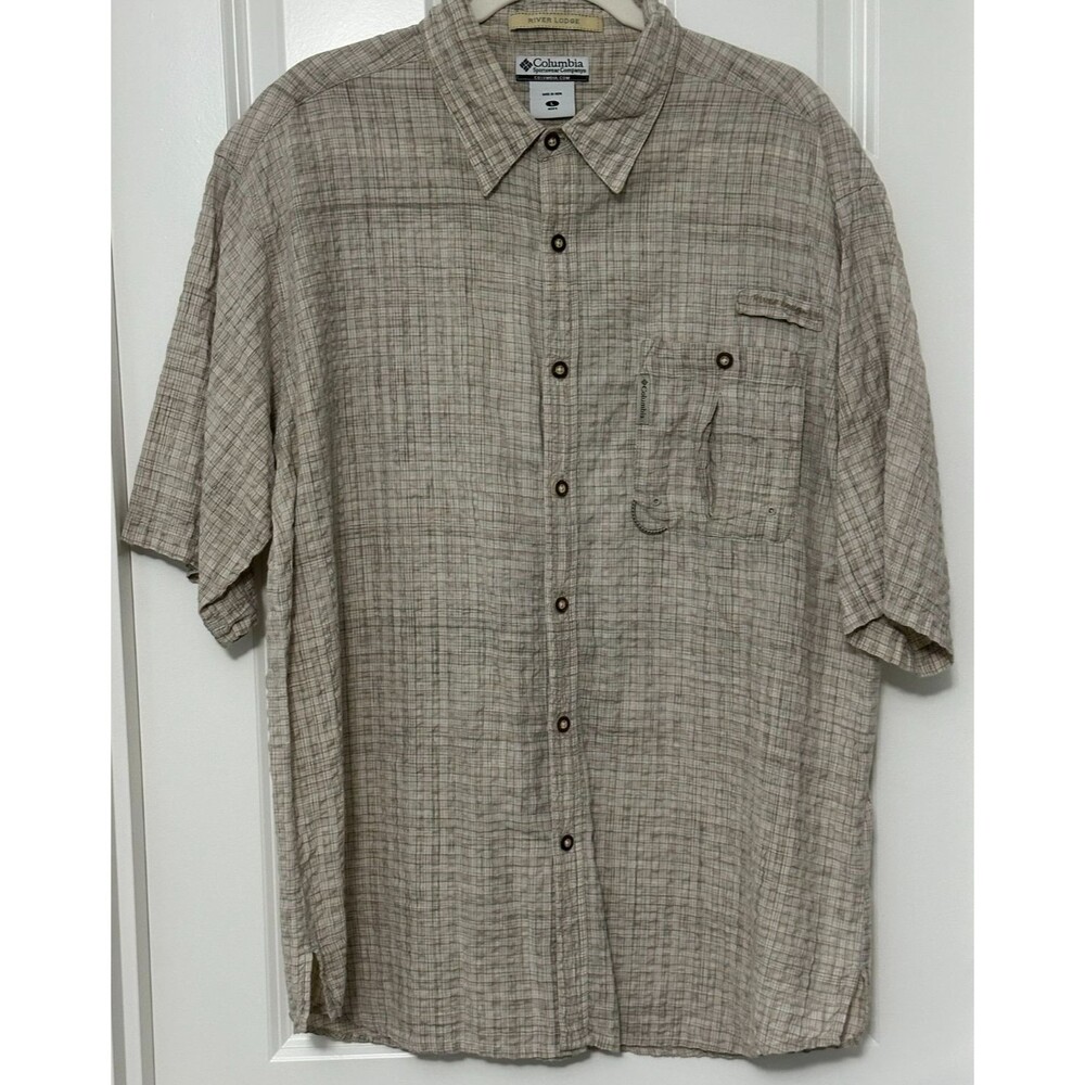Columbia River Lodge Fishing Shirt L Beige Plaid Vented Cotton Hiking Outdoor
